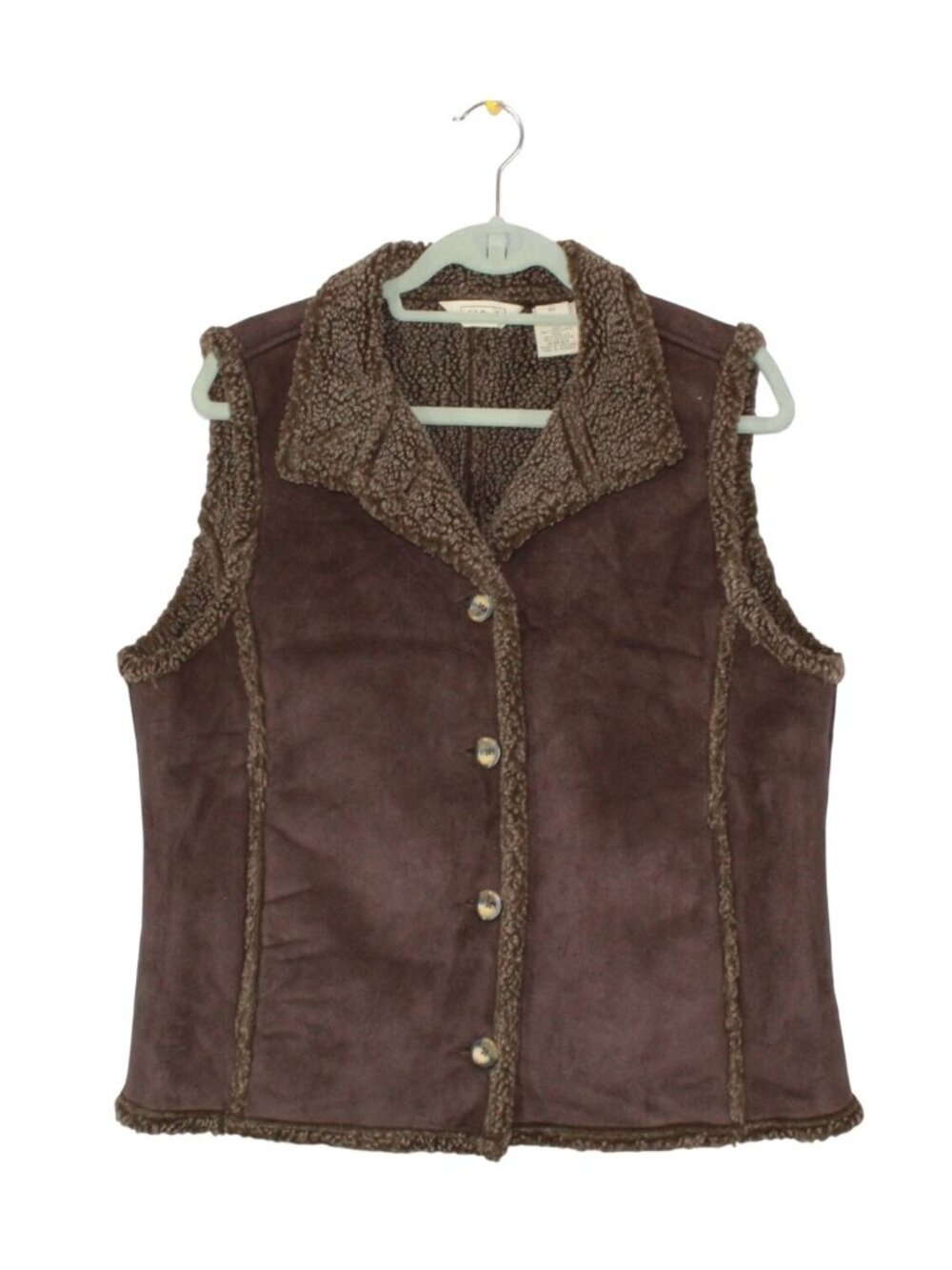 LL Bean Women's Brown Sherpa Fleece Vest Faux Suede Button Front Western Large